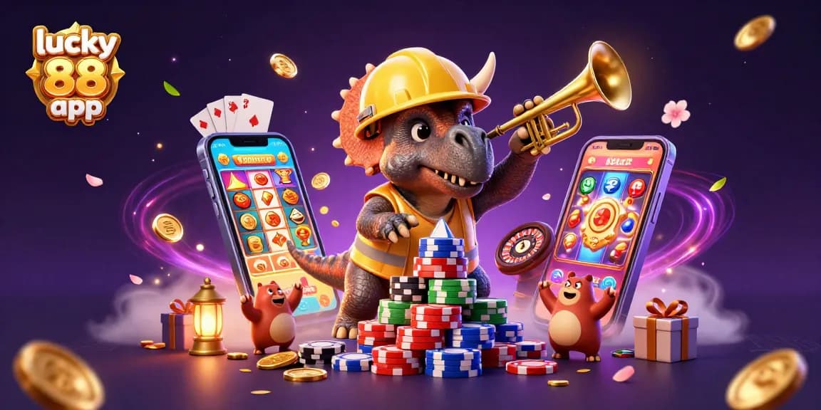 Engage with the lucky 88 app featuring cartoon dinosaurs celebrating slots with poker chips!
