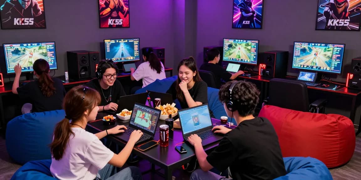 Exciting gaming lounge atmosphere featuring players actively engaging with KK55 on multiple devices.