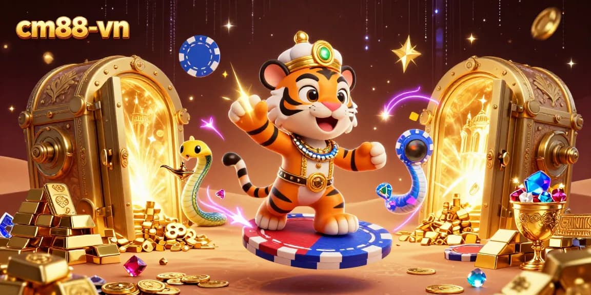 Experience the vibrant atmosphere of cm88-vn with an Arabian-themed tiger sultan and treasures bursting forth.