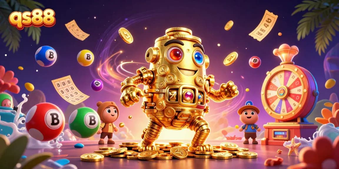 Engage with qs88's exciting casino games featured in a vibrant 3D illustration filled with dynamic elements.
