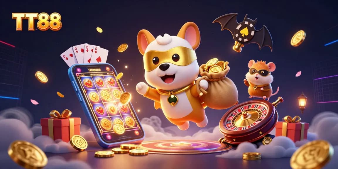 Play colorful slot games at TT88 while the superhero dog and hamster show their amazing wins!
