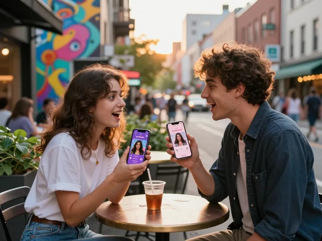 Young couple interacting with an ai gf app in a vibrant urban setting.