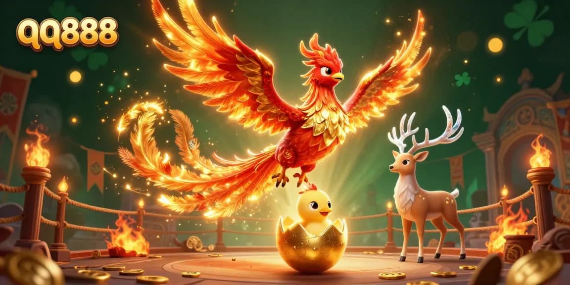 Engage with the thrilling experience of qq888 featuring a phoenix soaring above a golden egg and mystical stag.
