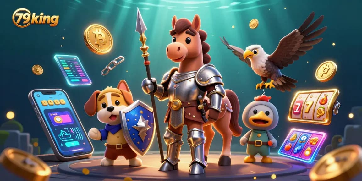 Engage with the vibrant 79king casino scene featuring a knight, squire, and falcon amidst dynamic slot reels and crypto elements.