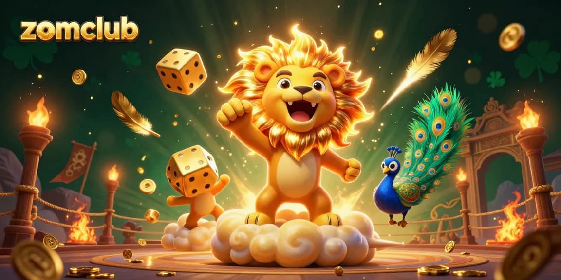 Experience the thrilling action of ZOMCLUB with dynamic gameplay featuring a roaring lion and golden dice.