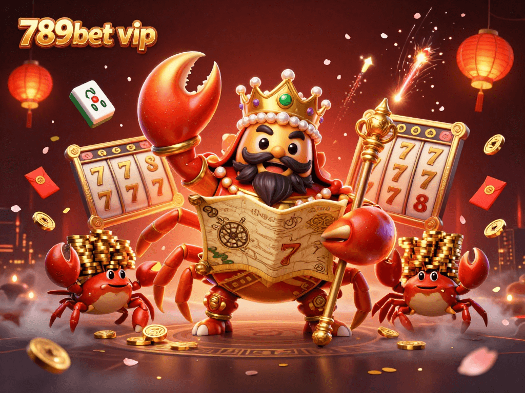 Spin the reels with 789bet vip, a luxury gaming adventure featuring a golden crab emperor amidst vibrant casino elements.