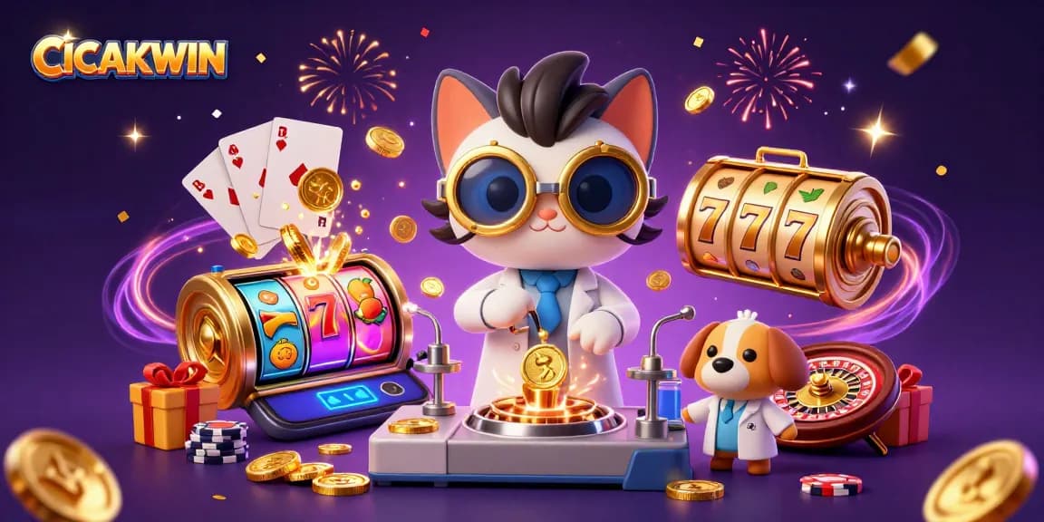 CICAKWIN showcases a thrilling moment with a mad scientist cat and loyal dog amidst dynamic slot game elements.
