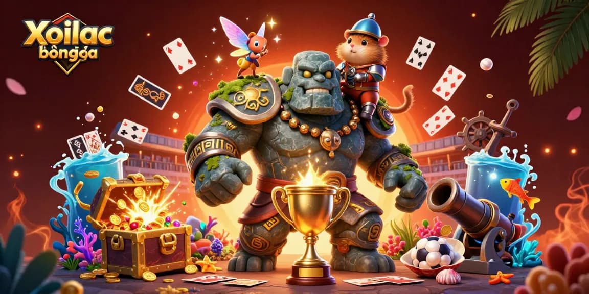 Xoilac bóng đá sports betting scene with stone guardian, fairy magic, and hamster knight.