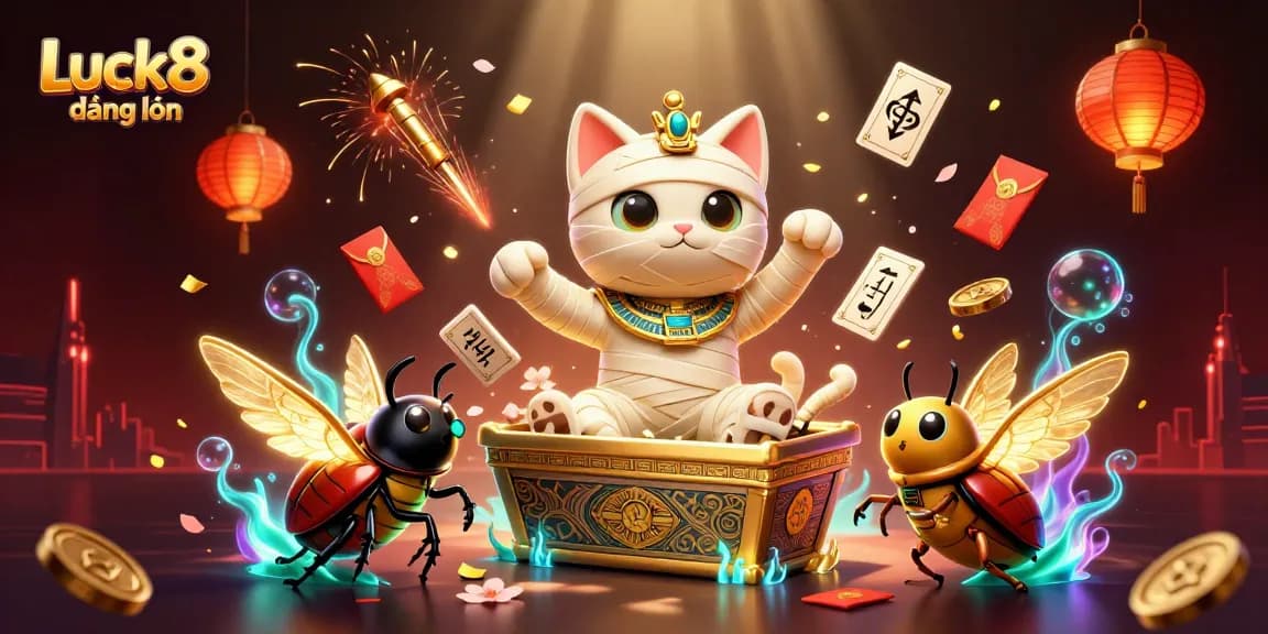 Experience Luck8 đăng nhập in a vibrant casino scene featuring a mummy cat and scarab beetle amidst game elements.