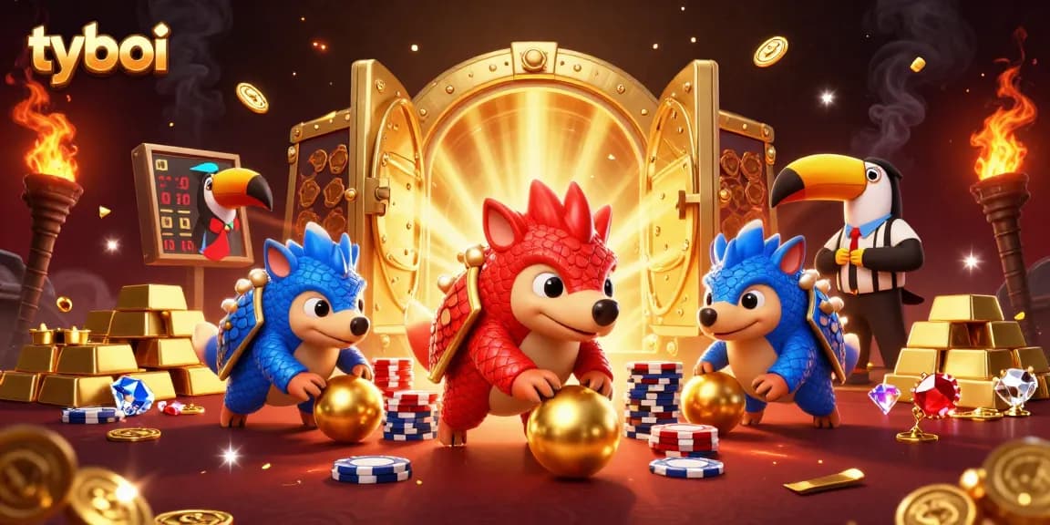 Engaging tyboi casino scene with pangolins competing in a game surrounded by riches and exciting elements.