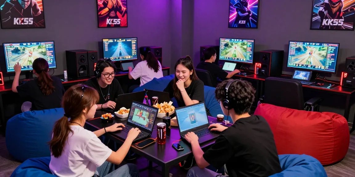 Exciting gaming lounge atmosphere featuring players actively engaging with KK55 on multiple devices.