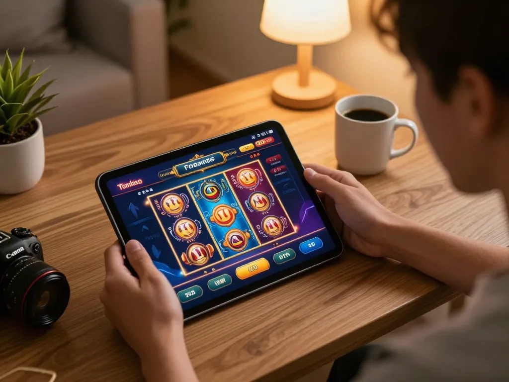 Player engaging with a tablet at an online casino app, showcasing the world of nhà cái gambling.
