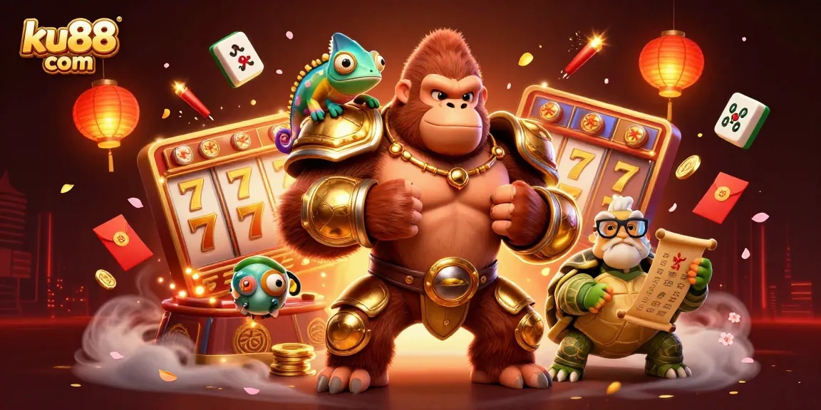 Engage with ku88 com through thrilling slot games featuring a powerful gorilla king in a vibrant casino scene.