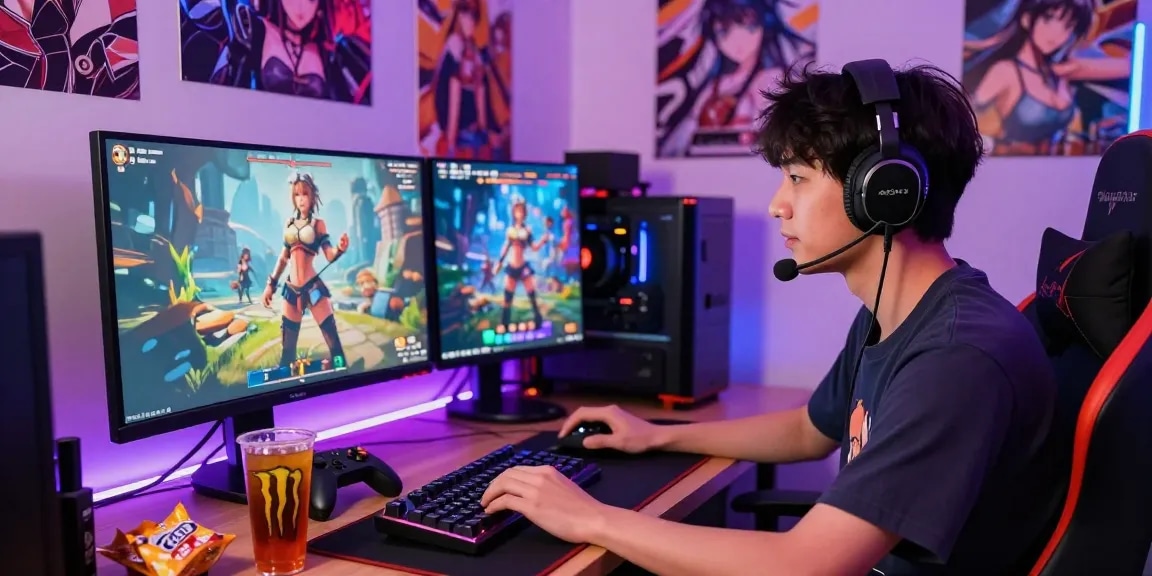 Player engrossed in real hentai games with vibrant gaming accessories and immersive anime decor