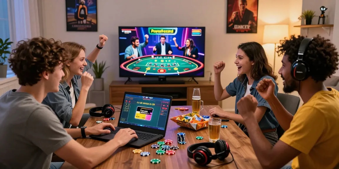 Aufgeregte Freunde feiern einen Gewinn in einem Paysafe Card Casino mit lebhaften Gaming-Zubehör und angezeigter Paysafecard.