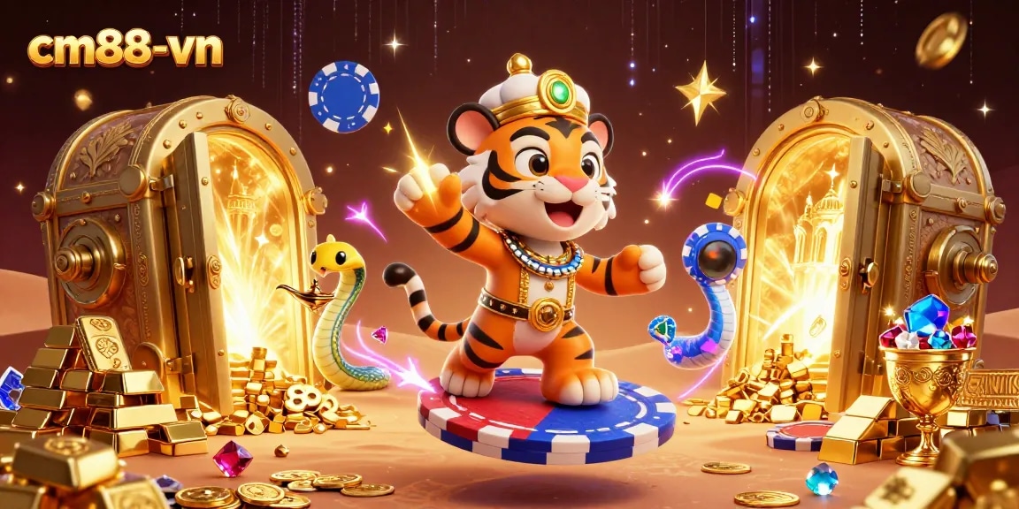 Experience the vibrant atmosphere of cm88-vn with an Arabian-themed tiger sultan and treasures bursting forth.