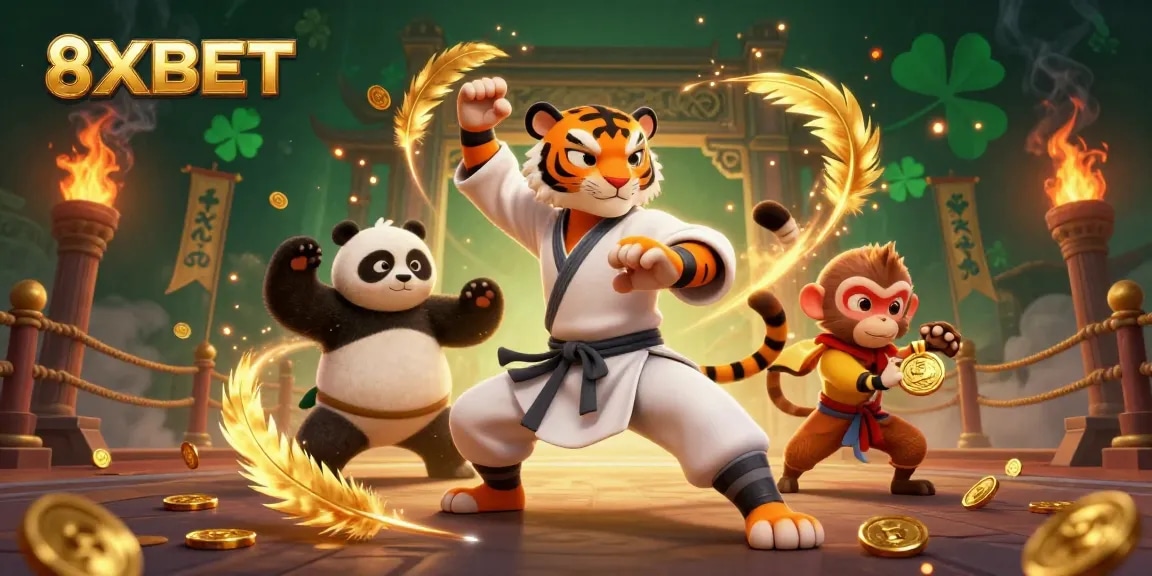 Experience thrilling moments at 8XBET with a 3D tiger master and panda disciple, immersing in dynamic gameplay.