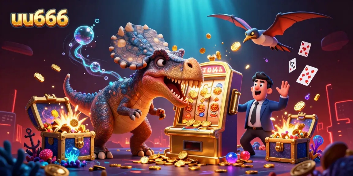 uu666 experience with a cartoon dinosaur hitting a jackpot slot machine, surrounded by rich casino elements.