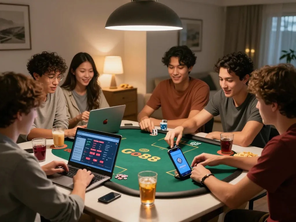 Friends enjoying poker online with the Go88 app in a cozy home setting