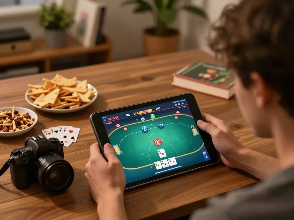 Player using fa88vn app on tablet during an engaging online poker session at home.