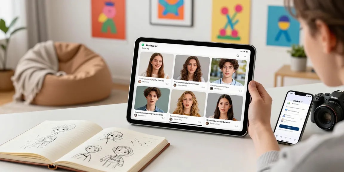 Interactive NSFW AI chat scene with user on tablet displaying engaging character visuals.