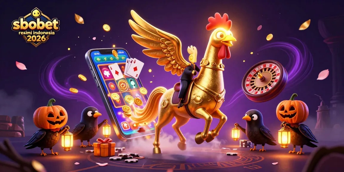 Experience the excitement of sbobet resmi indonesia 2026 with a dynamic casino scene featuring a golden rooster and games.