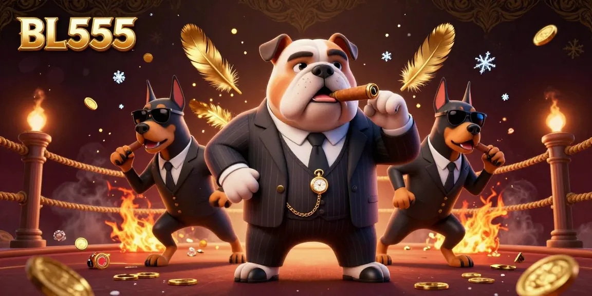 Experience thrilling betting at BL555 with a dynamic 3D depiction of a mafia bulldog and bodyguards amidst golden coins.