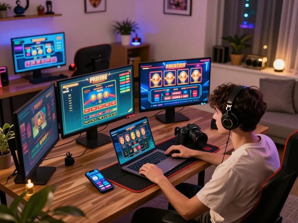 Vipwin online gaming scene showing a player engaging with multiple casino games in a stylish home setup.