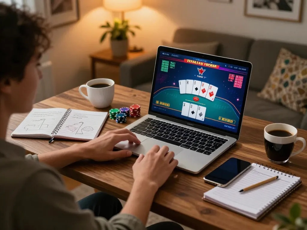 Person playing poker on laptop at home, highlighting strategic gameplay on 98win. com in a cozy setting.