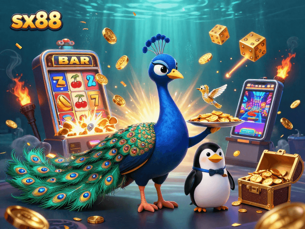 Experience excitement with sx88's vibrant digital casino scene featuring a peacock, penguin, and hummingbird.