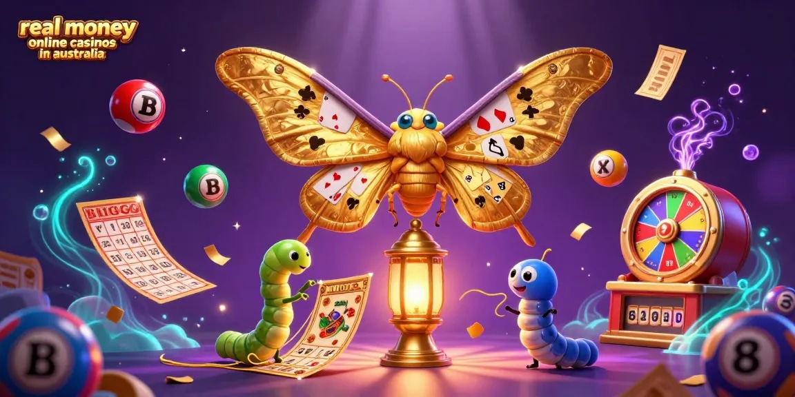 Engage with real money online casinos in australia through this vibrant 3D illustration showcasing playful lottery elements and a majestic moth theme.