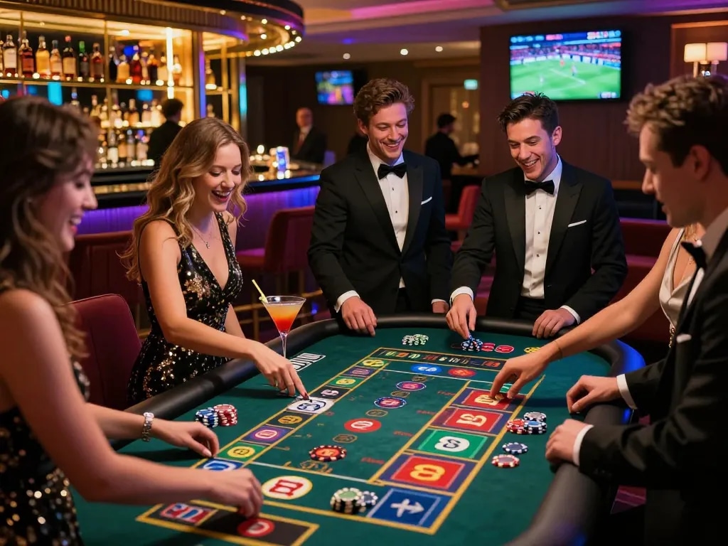 Friends enjoying gaming tables at MM88 casino, vibrant atmosphere.