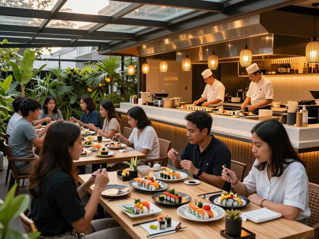 Nikmati sushi di ROKOK88, restoran luar ruangan yang semarak di Jakarta dengan pencahayaan malam yang hangat.