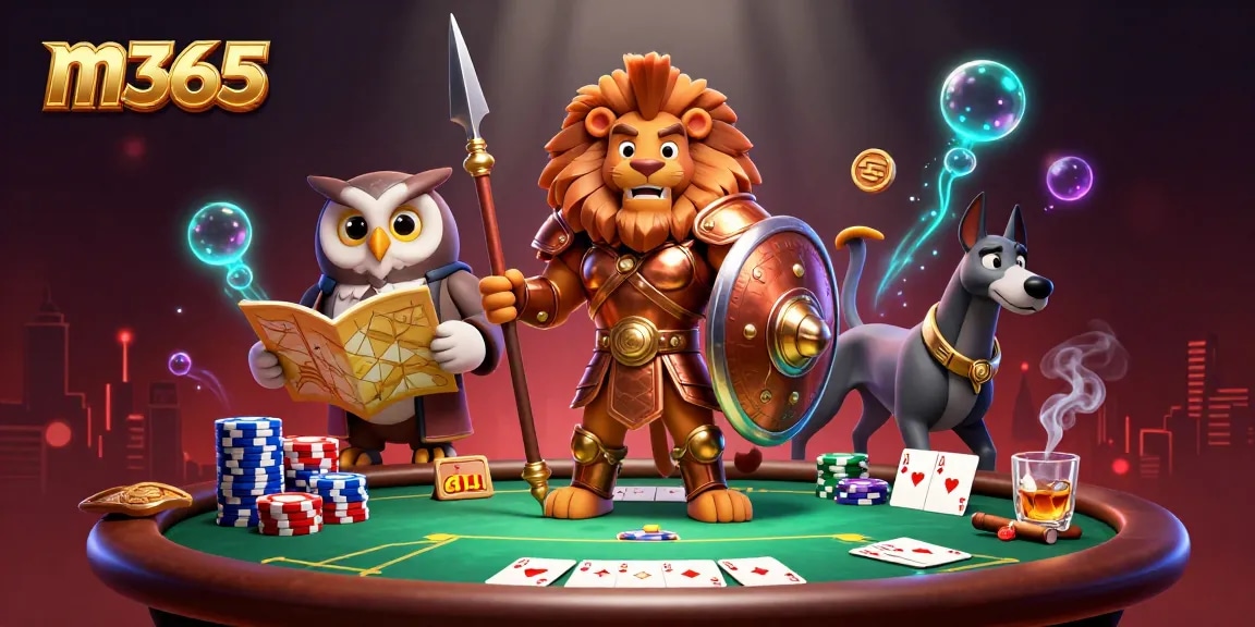Experience thrilling gameplay with m365 at the casino featuring a lion, owl, and greyhound in a vibrant poker scene.