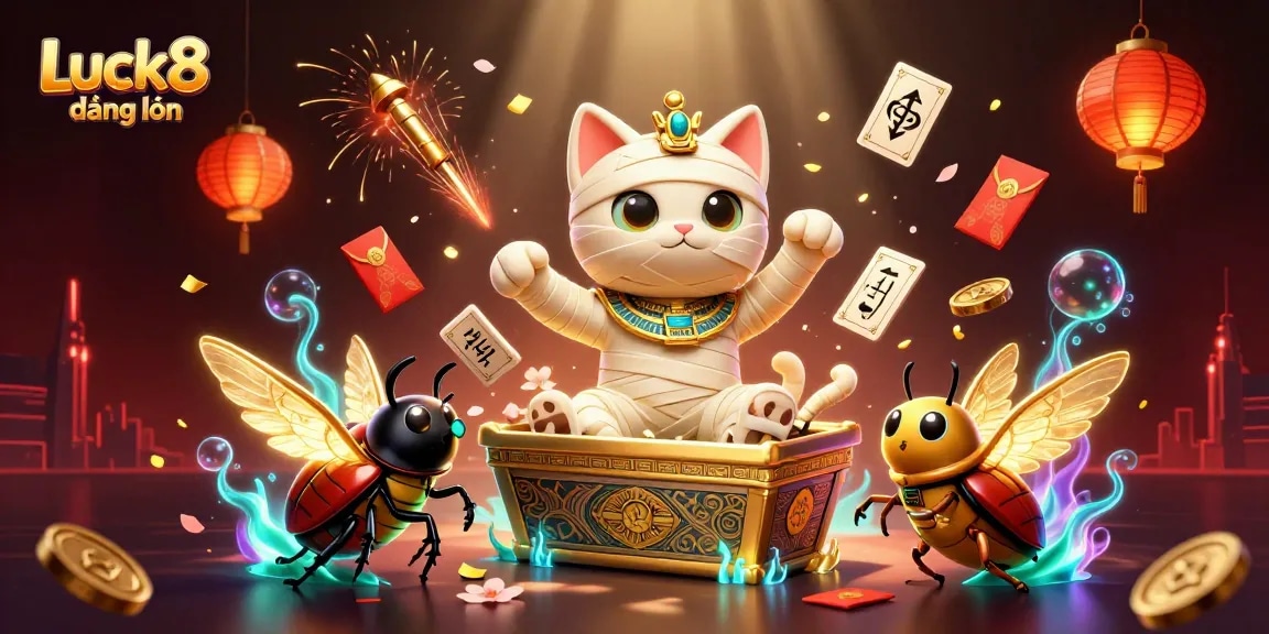 Experience Luck8 đăng nhập in a vibrant casino scene featuring a mummy cat and scarab beetle amidst game elements.