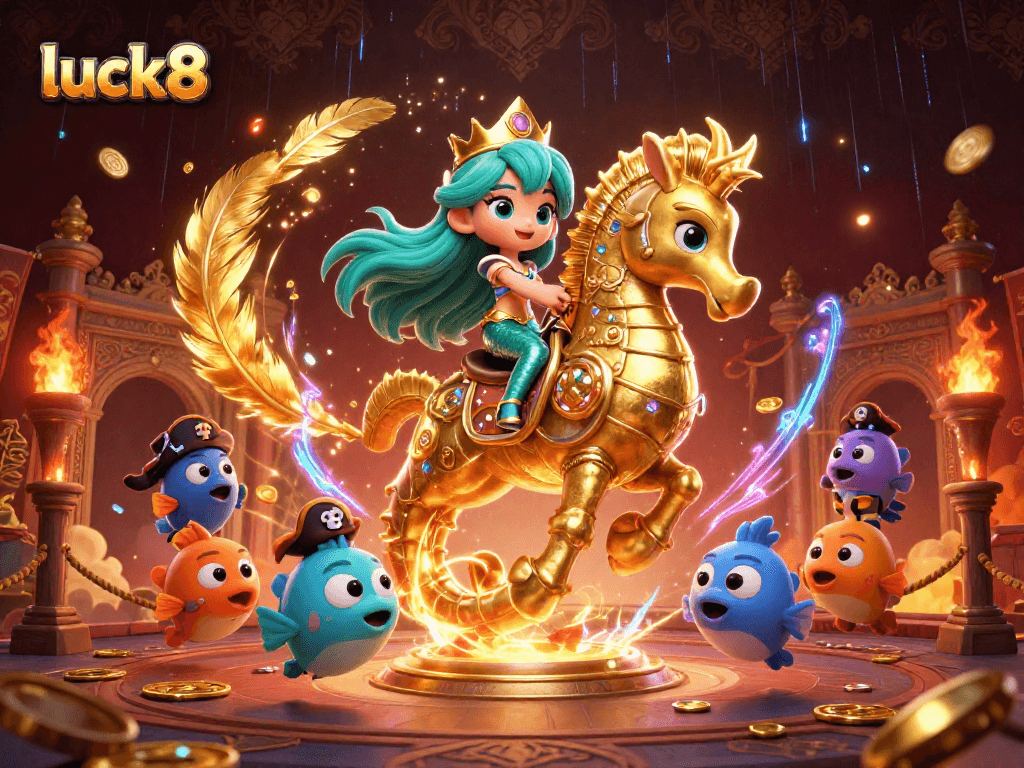 Experience luck8's vibrant underwater adventure with a mermaid and seahorse, surrounded by playful sea creatures.