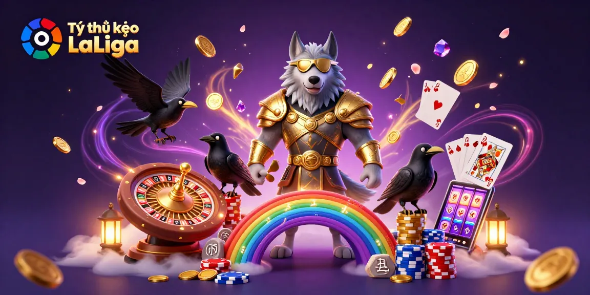 Tỷ lệ kèo La Liga shines in a vibrant 3D scene featuring Odin and ravens among casino elements.
