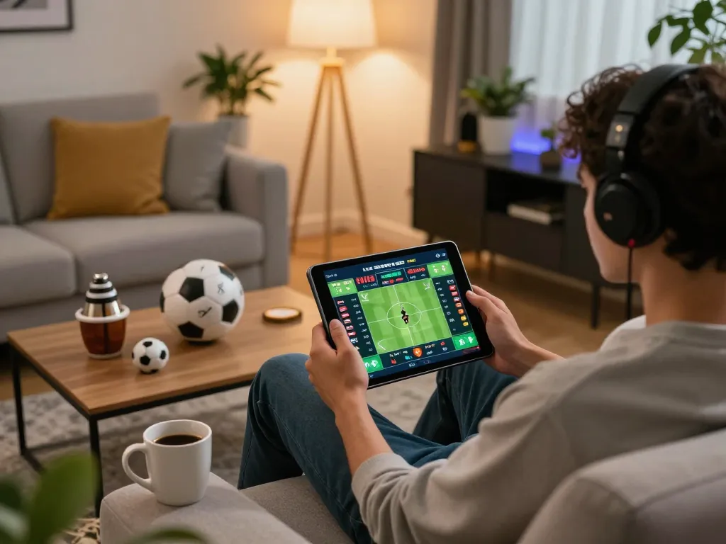 Person betting on nhà cái okfun using a tablet in a cozy living room, showcasing a responsible gaming experience.