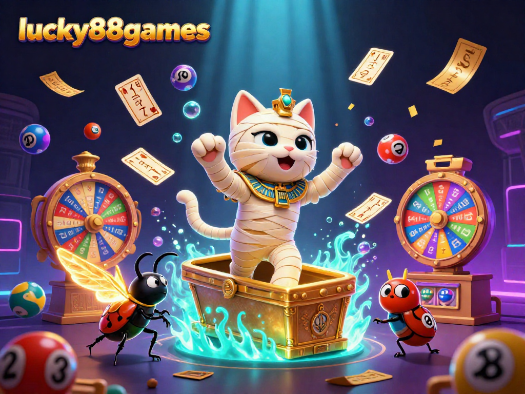 Join the fun at lucky88games with a vibrant 3D scene of a mummy cat in a cinematic casino setting.