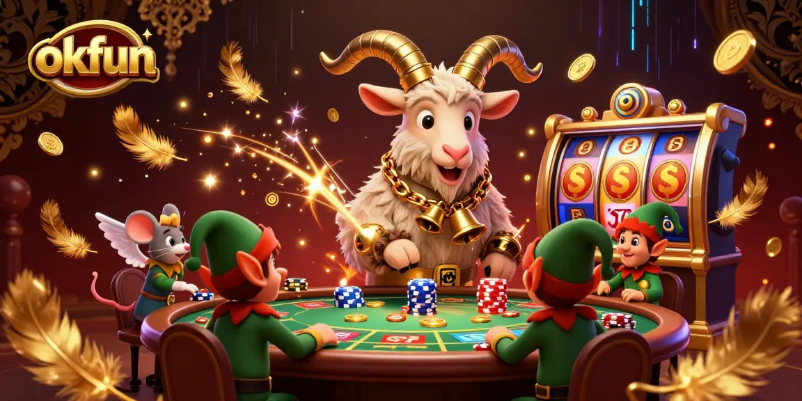 Engage with okfun in a dynamic 3D casino scene featuring festive characters and vibrant game elements.