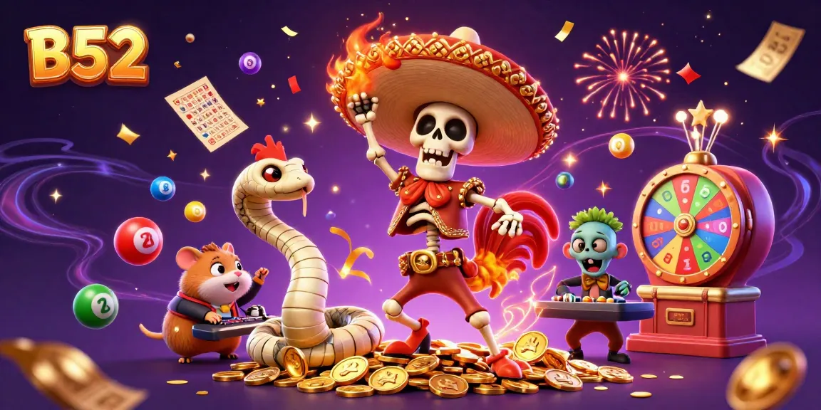 Engaging B52 scene with a mariachi rooster, mummy snake, and zombie DJ celebrating with casino elements.