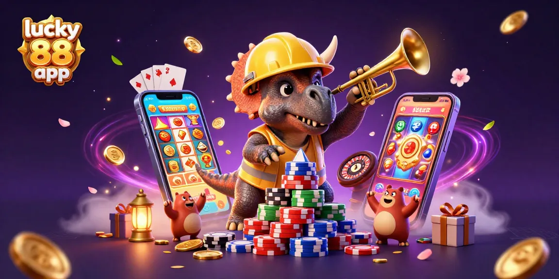 Engage with the lucky 88 app featuring cartoon dinosaurs celebrating slots with poker chips!