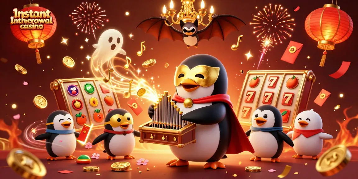 Experience instant withdrawal casino action with a lively penguin, bat acrobat, and vibrant slot elements.