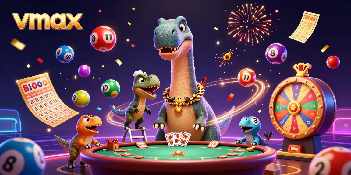 Experience the excitement of vmax in a vibrant casino scene with a giant brontosaurus among lottery elements