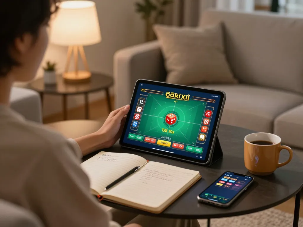 Tài xỉu online gaming on a tablet in a cozy home setting, showing strategic notes and app interface.
