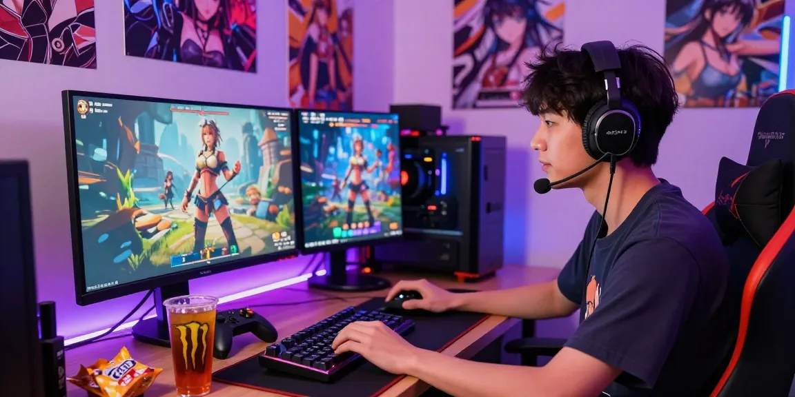 Player engrossed in real hentai games with vibrant gaming accessories and immersive anime decor