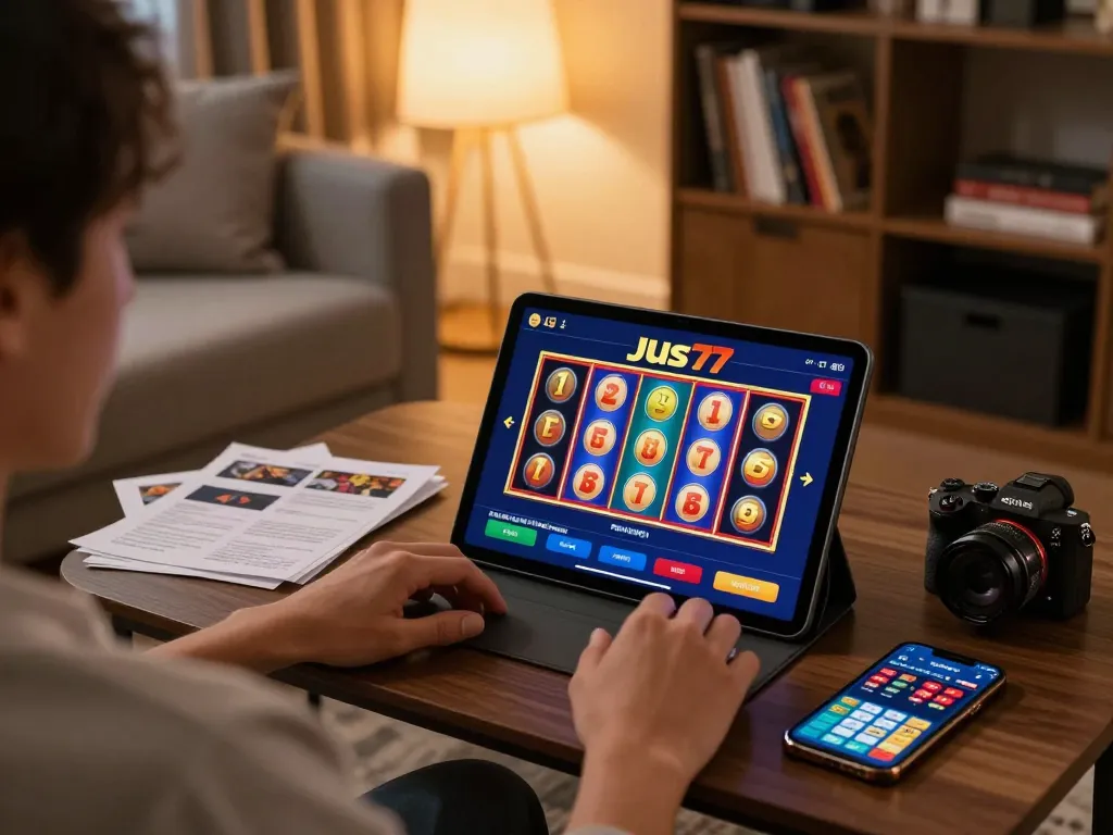 Engaging with jus77 gaming app in a cozy home setting showcasing vibrant slot gameplay