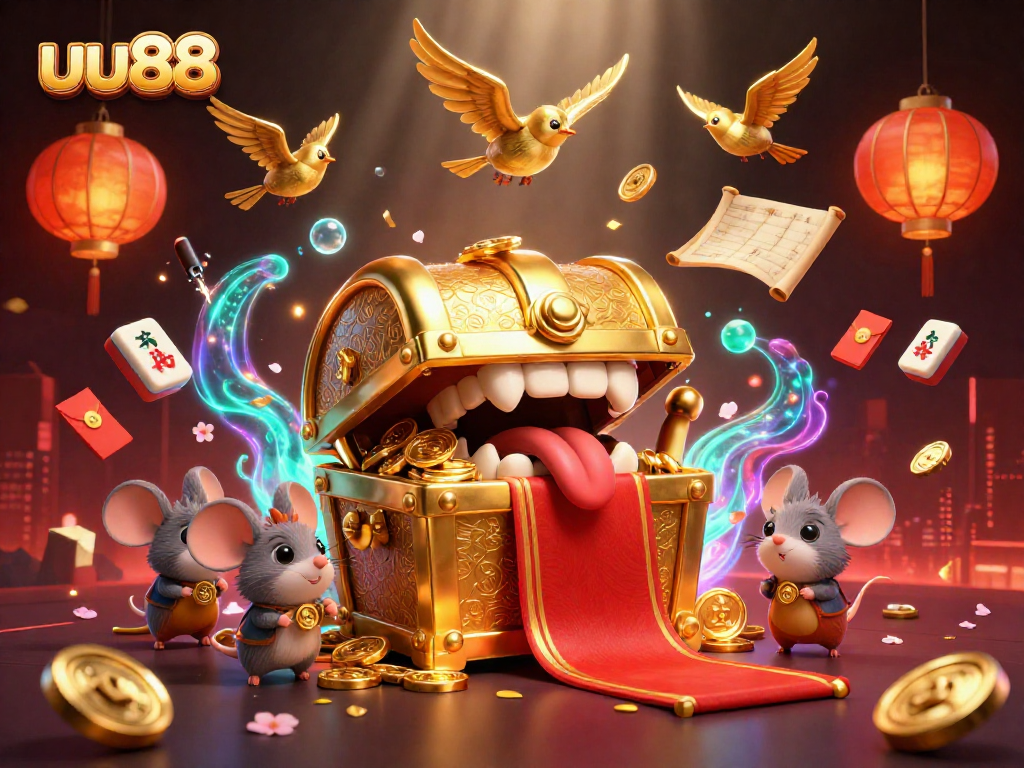 Experience rich rewards at uu88 with our golden treasure chest and vibrant casino elements in an engaging scene.