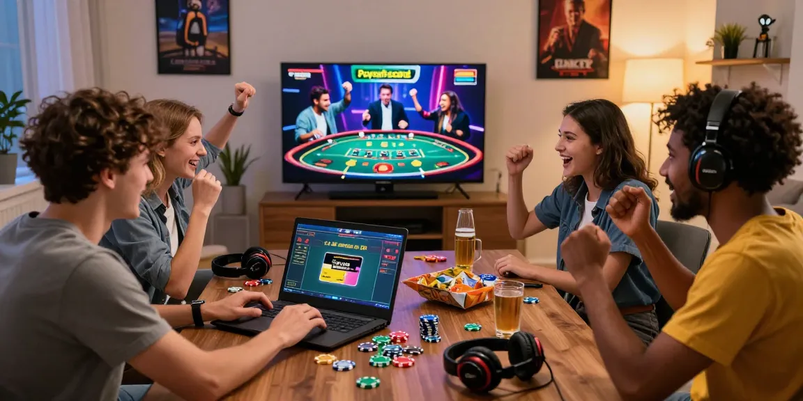 Aufgeregte Freunde feiern einen Gewinn in einem Paysafe Card Casino mit lebhaften Gaming-Zubehör und angezeigter Paysafecard.