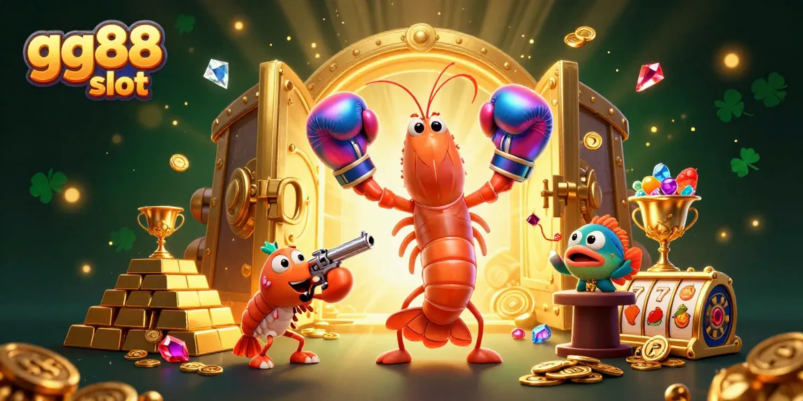 Watch the vibrant gg88 slot scene featuring a mantis shrimp, treasure vault, and dynamic game icons.